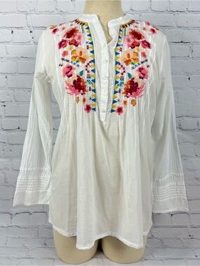 Johnny Was White Cotton Tunic Multicolor Floral Embroidery XS